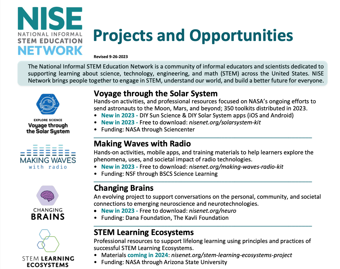 NISE Network projects opportunities flyer 9-26-23 screenshot listing for conference booths