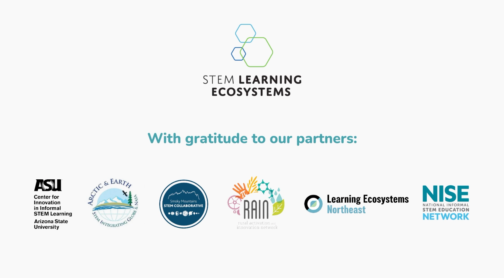 STEM Learning Ecosystems introductory video screenshot credits for partners