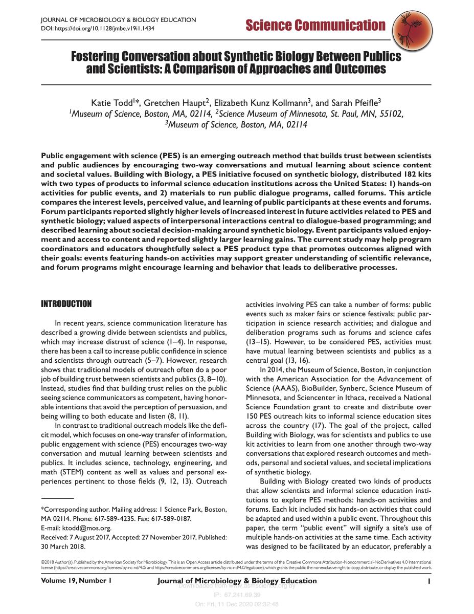 Todd et al 2018 Fostering Conversations Journal of microbiology biology education Cover Page