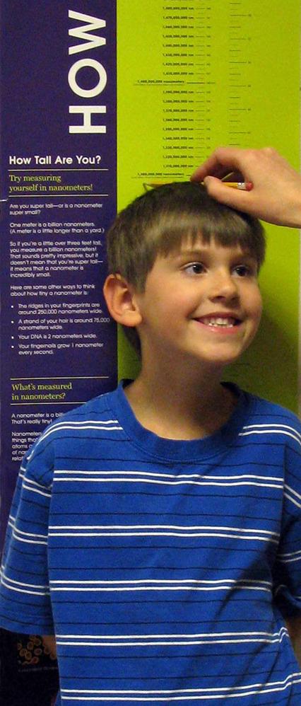 Height of a child being measure in nanometers with a wall poster and a pencil