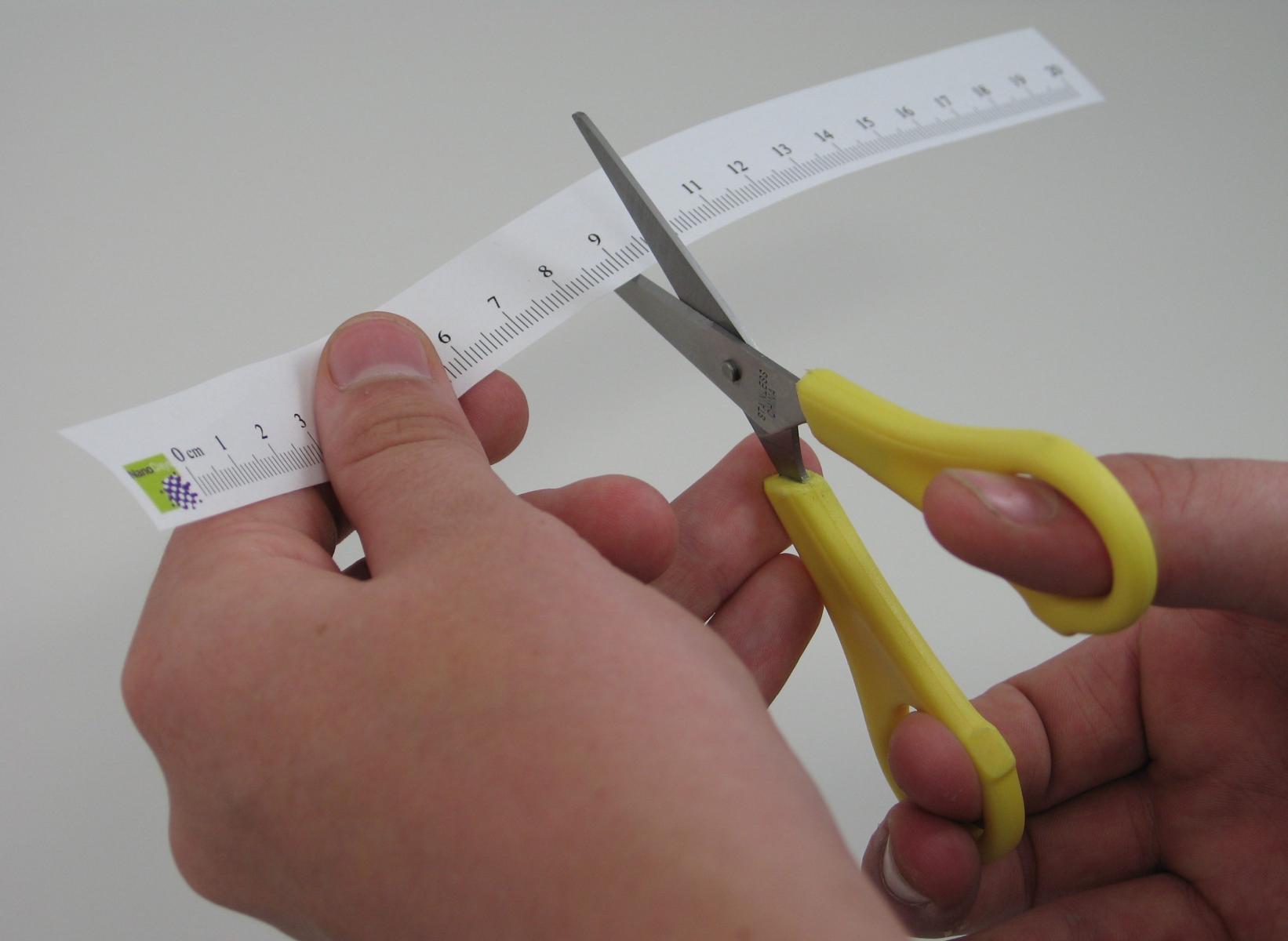 Learner cuts a paper ruler in half