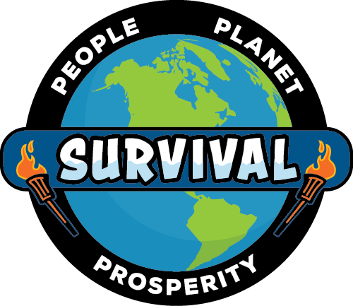 Survival theater gameshow logo featuring an image of the earth
