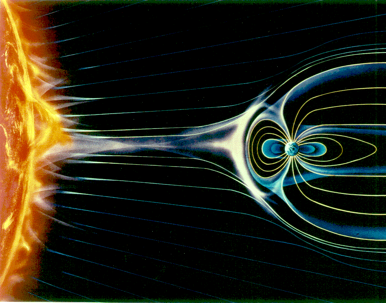 illustration showing how Earth's magnetic field interacts with solar winds