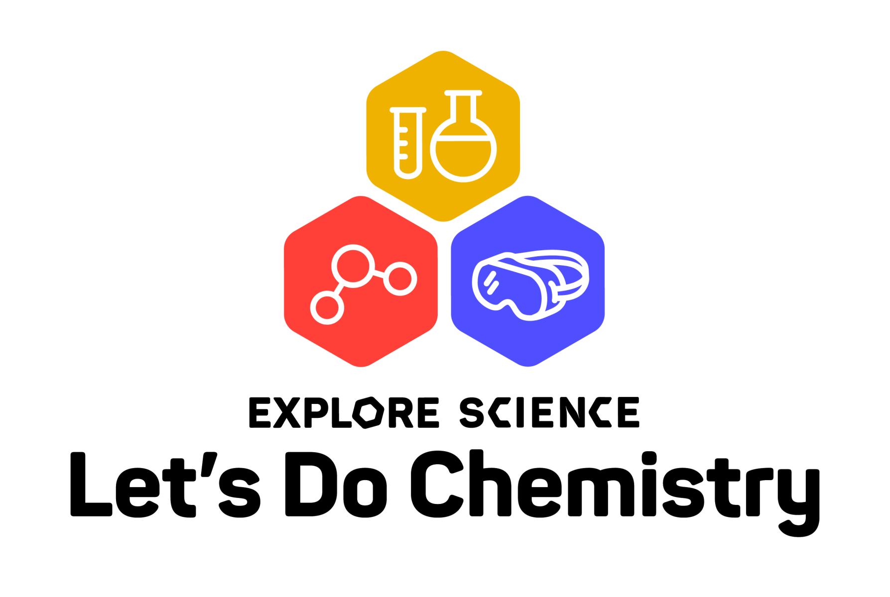 Explore Science Let's Do Chemistry logo - 3 hexagons, gold with test tube symbol, blue with goggles, red with molecule symbol