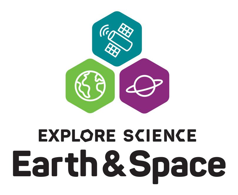 explore science earth and space logo in full color featuring Earth, Saturn and satellite icon 