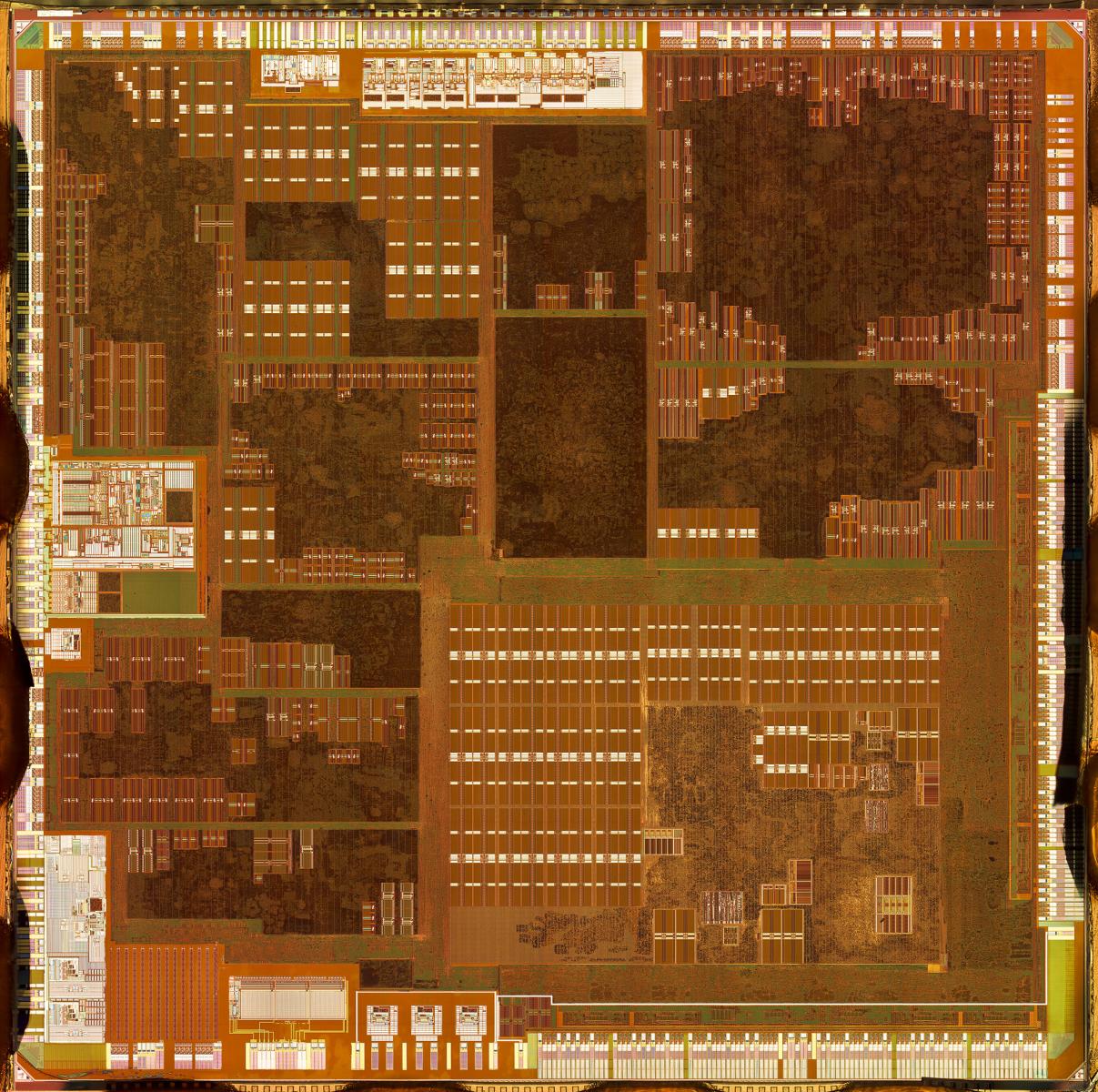 Microscopic composite image of an Apple A4 computer microprocessor. 