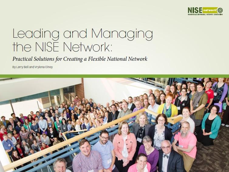 Leading and Managing the NISE Network booklet photo cover on green background featuring a large group of educators