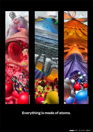 Poster of abstract art featuring large objects and zooming into the atomic level