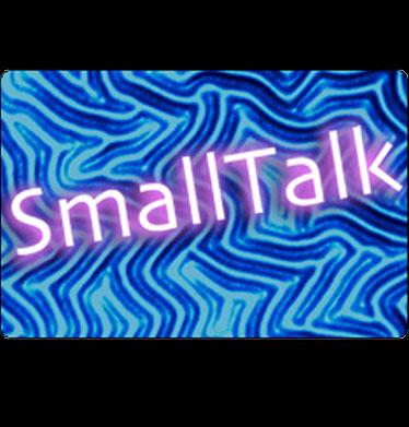 Pink neon Small Talk podcast Logo on blue wavy background