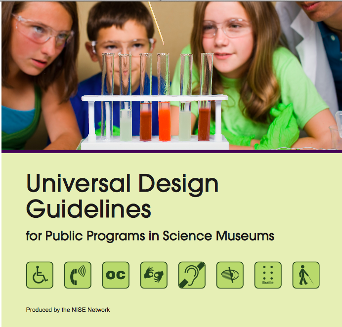 Image of the cover for the Universal Design Guidelines for public programs in museums booklet on green background featuring three learners in front of test tubes