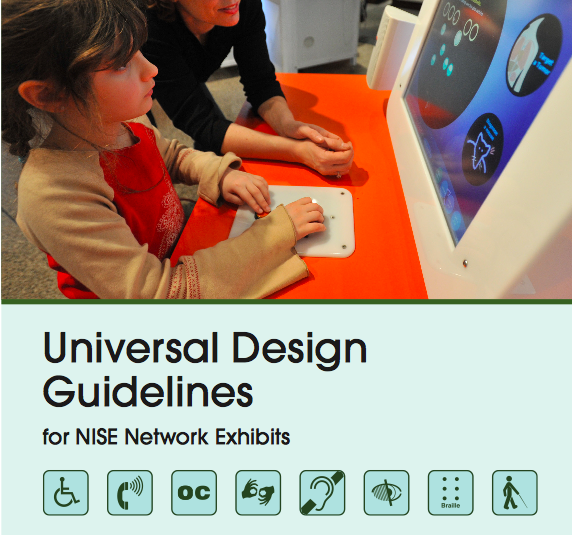 Image of the Universal design booklet cover featuring a blue background and a young girl interacting with a display monitor