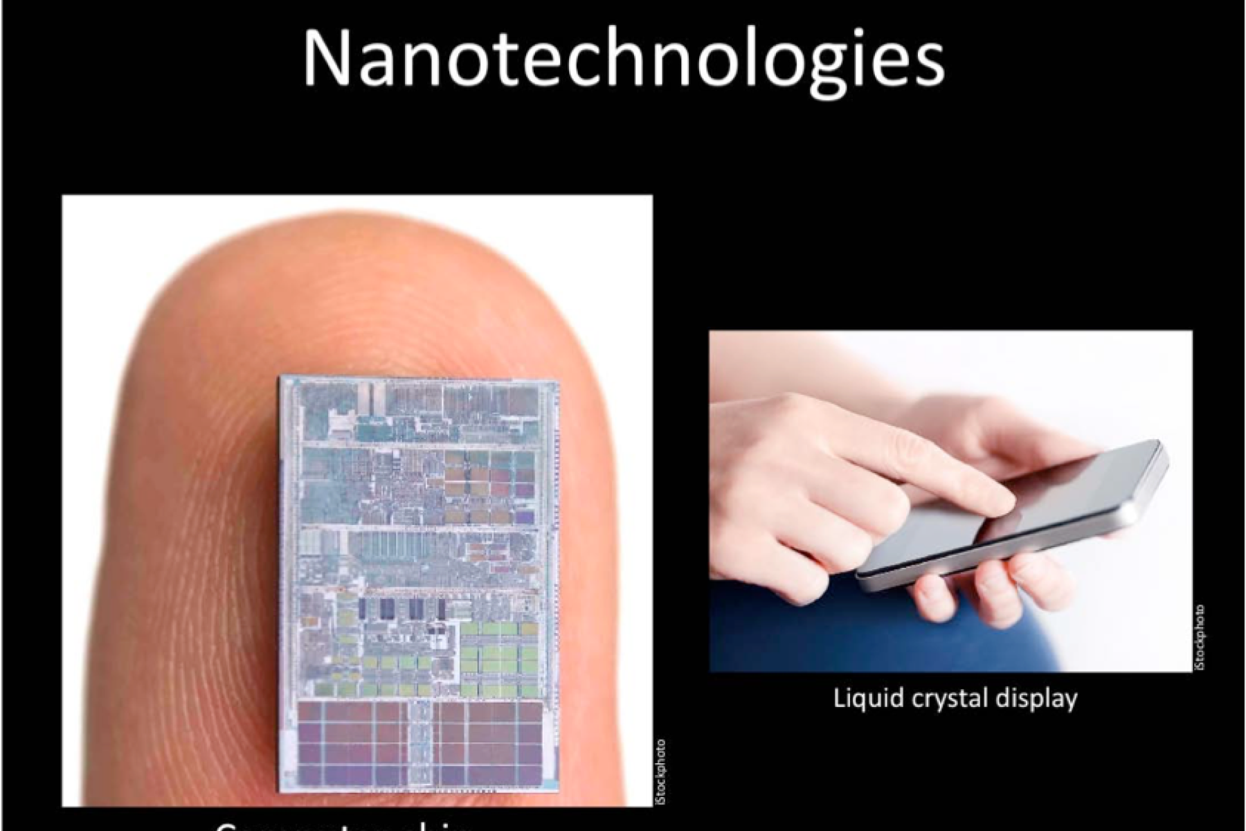 Nano 101 slide presentation showing tiny electronics compared to a finger