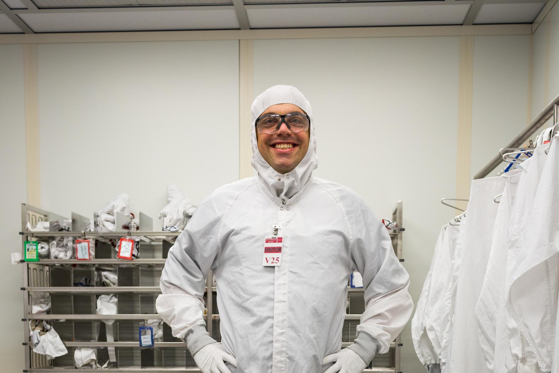 Person dressed in Clean Room bunny suit