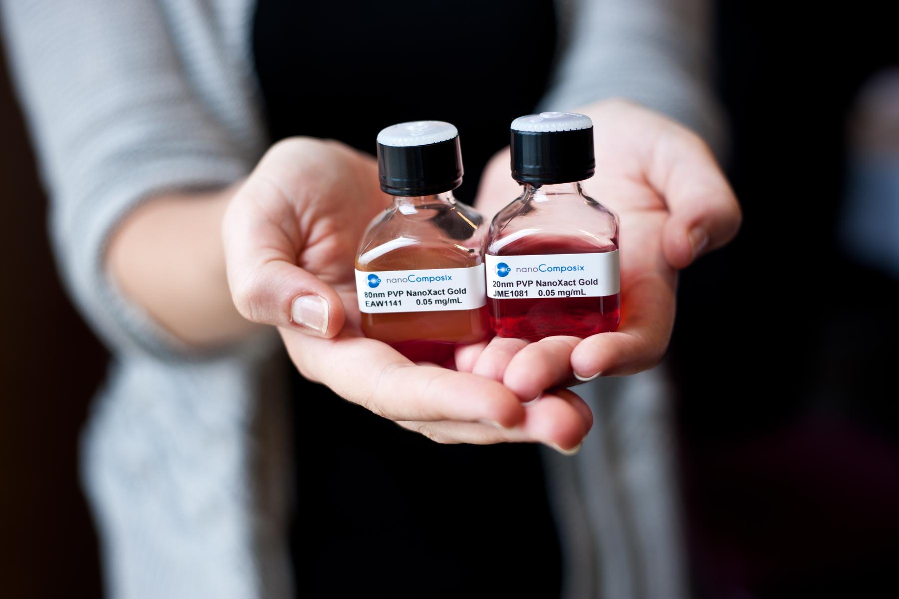 Vials showing nanoscale gold particles that appears red.