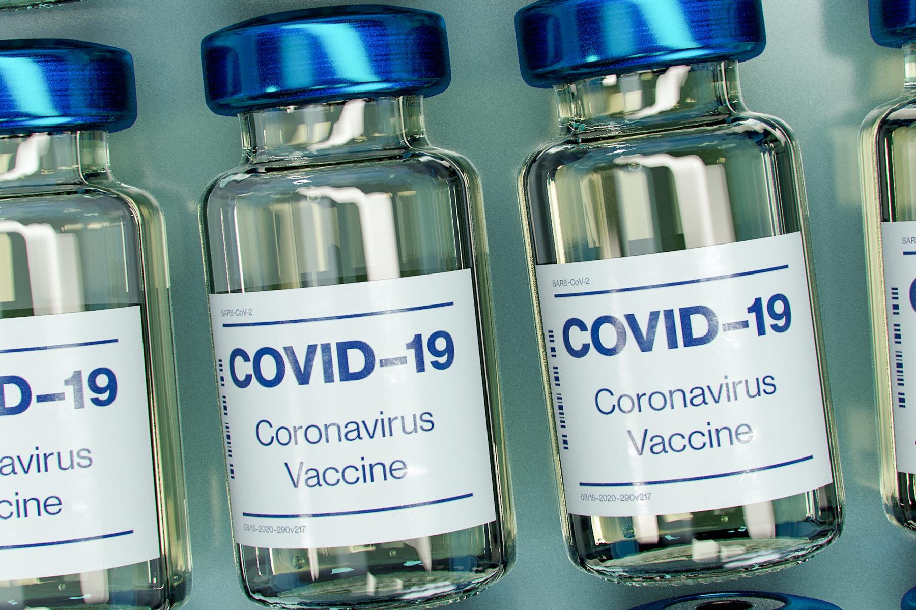 COVID vaccine image of glass vials labeled COVID-19 Coronavirus Vaccine