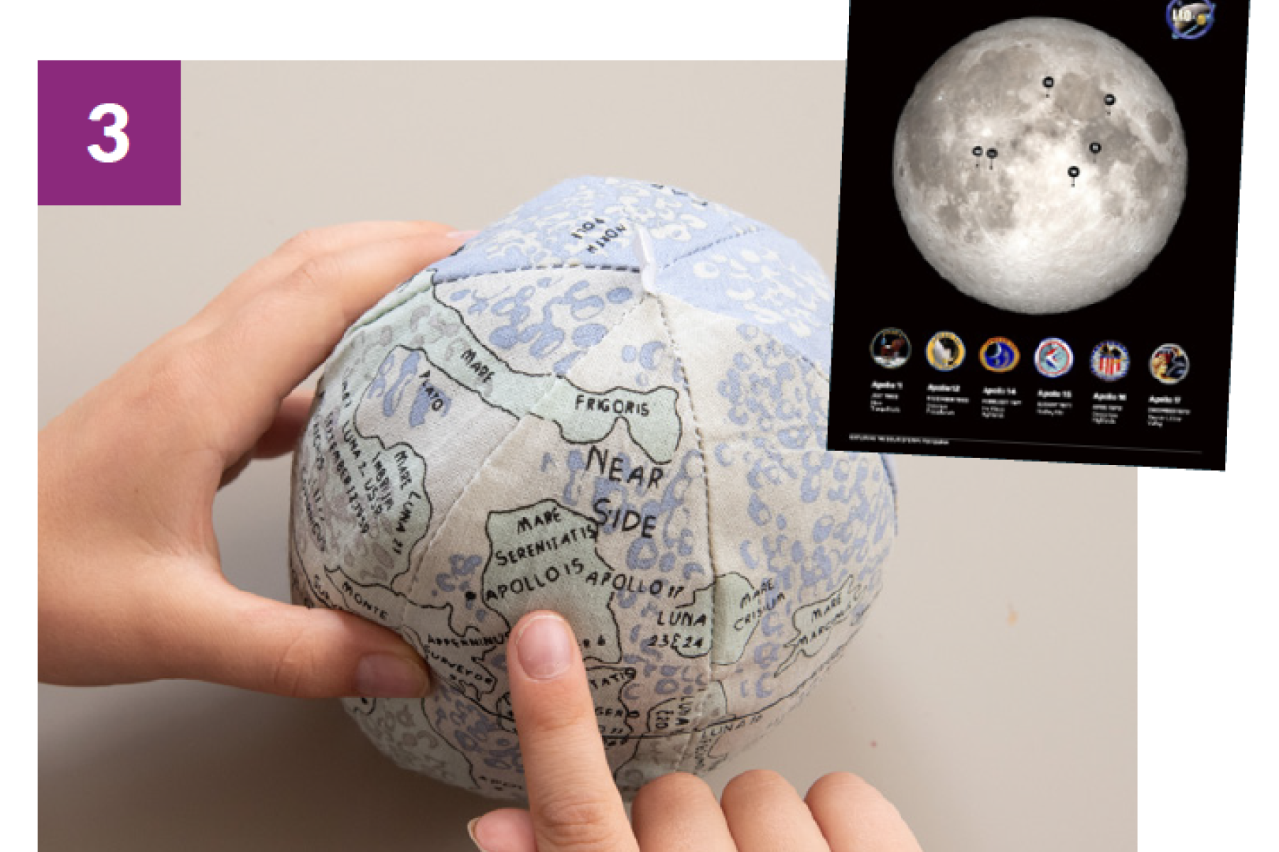 Image of a plushie Moon model with an overlay of a map of the Lunar surface