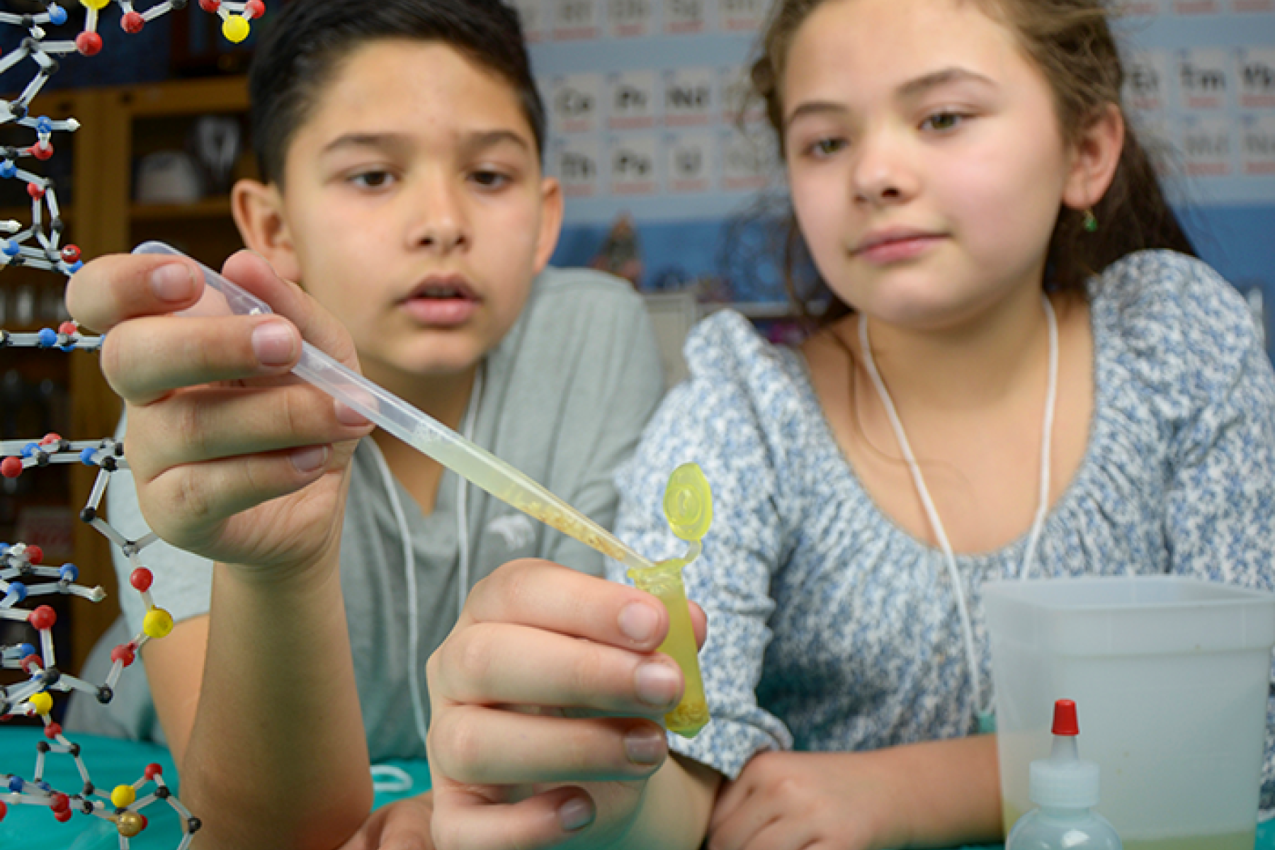 Children exploring Building with Biology DNA activity using pipette 