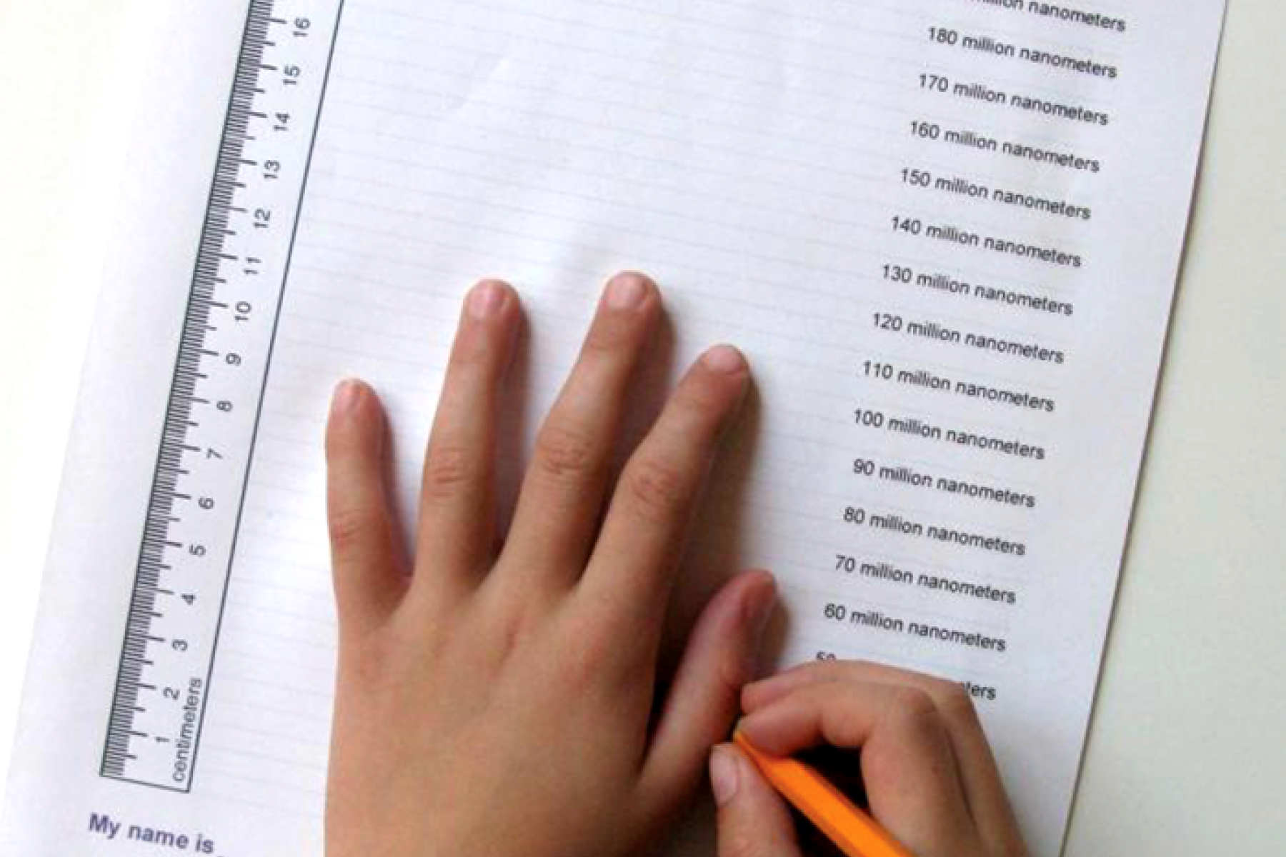 Hand being measured in nanometers with paper and pencil