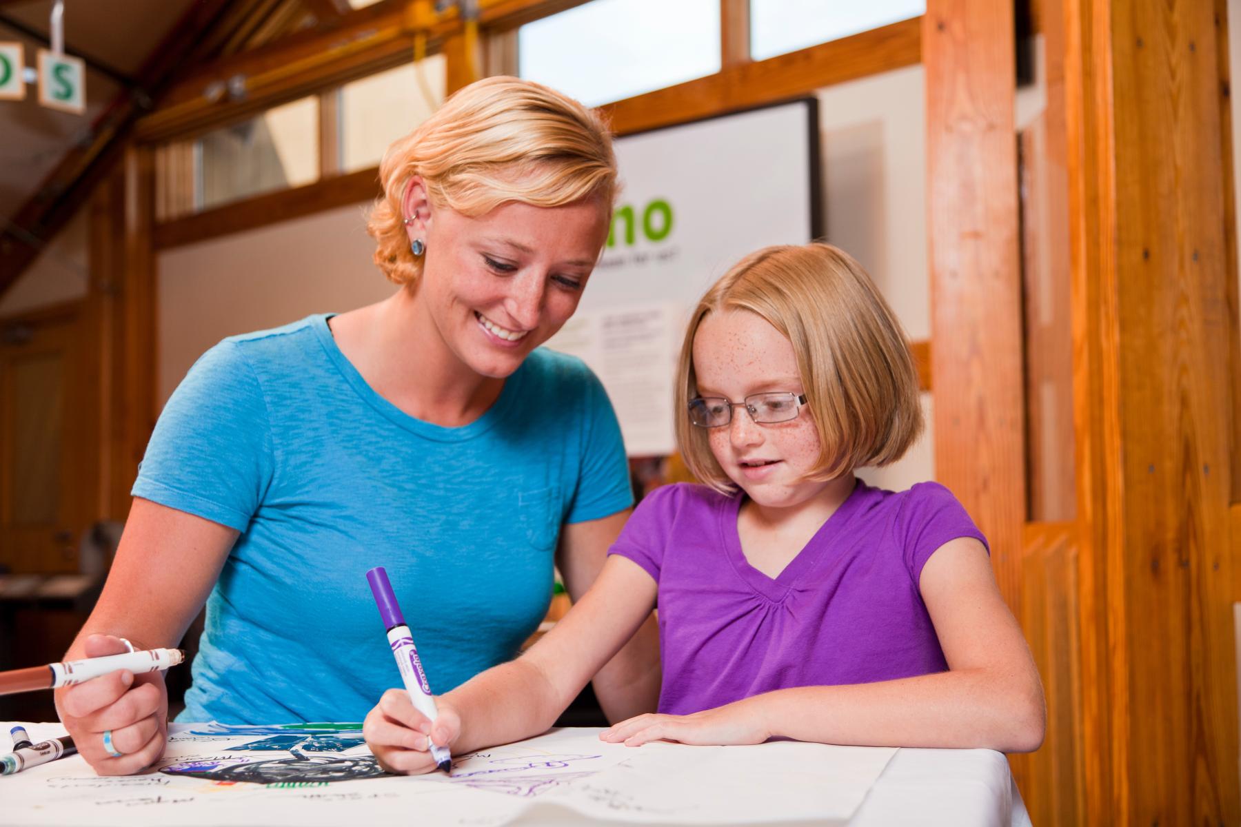 A facilitator and learner draw and map out a theoretical space elevator