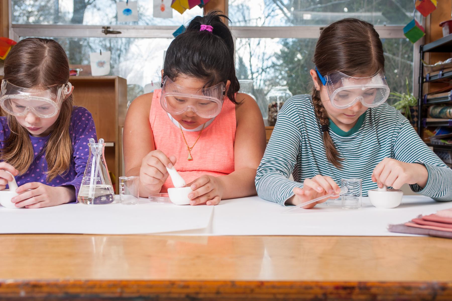 A group of three learners use a mortar and pestle to grind dead insect that is used to make red dyes