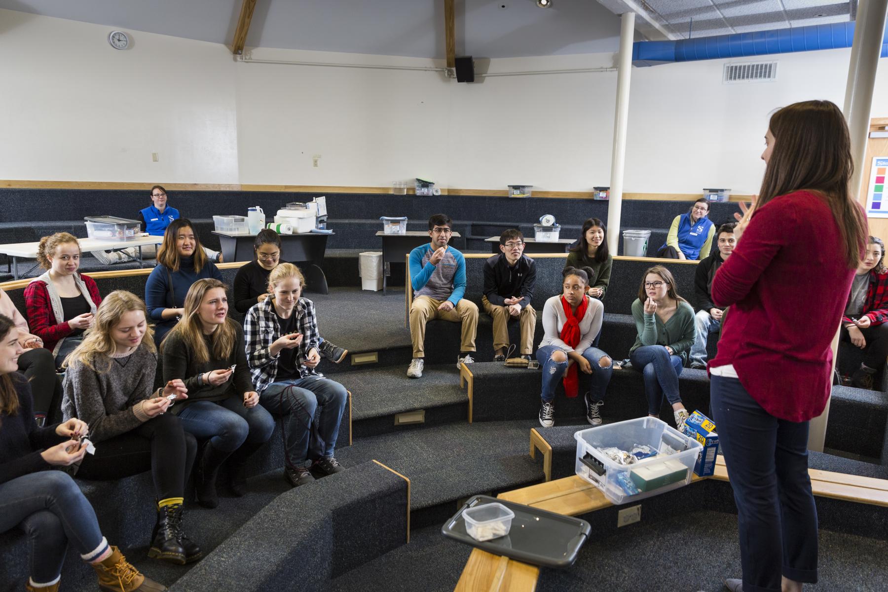 An instructor leads a facilitator training session for the Gum and Chocolate activity with a large group in a amphitheater