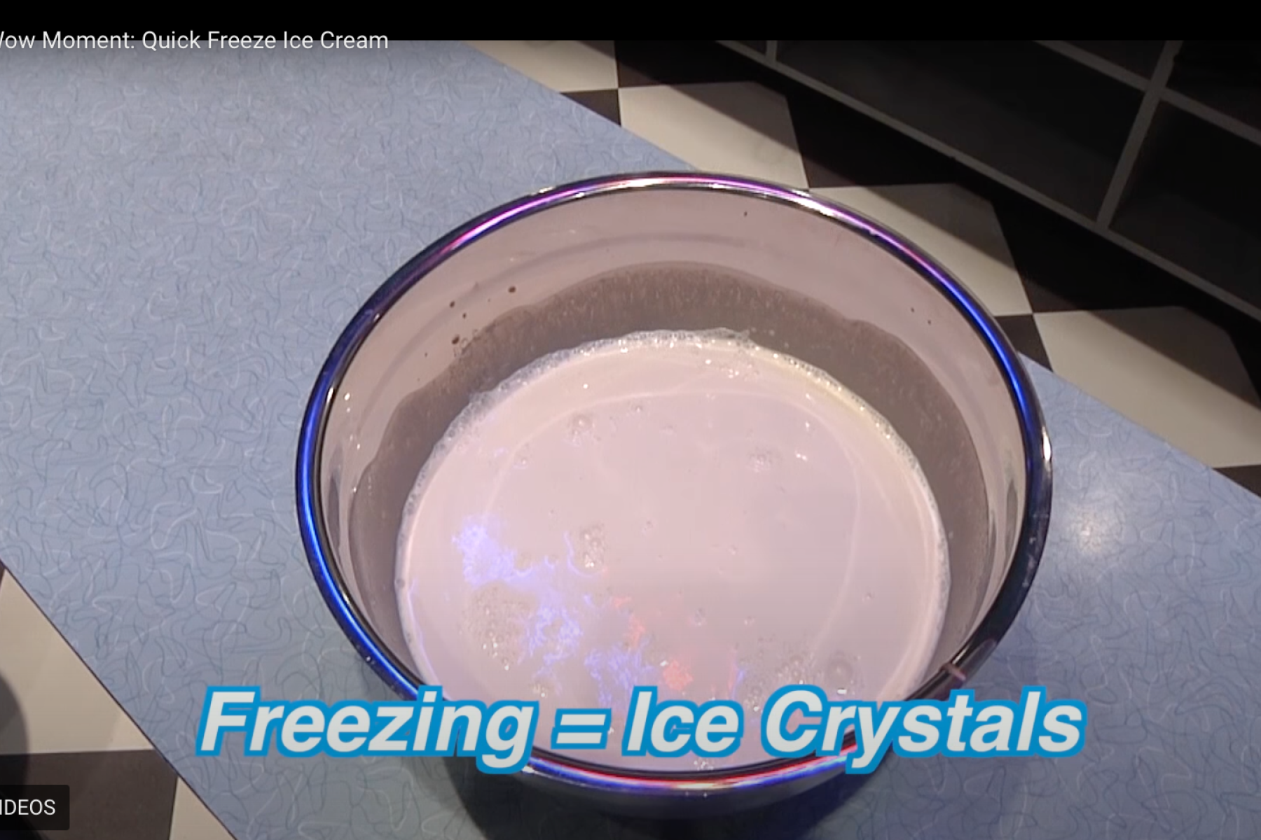 Nano ice cream activity Mr. O video screenshot showing bowl of ingredients freezing