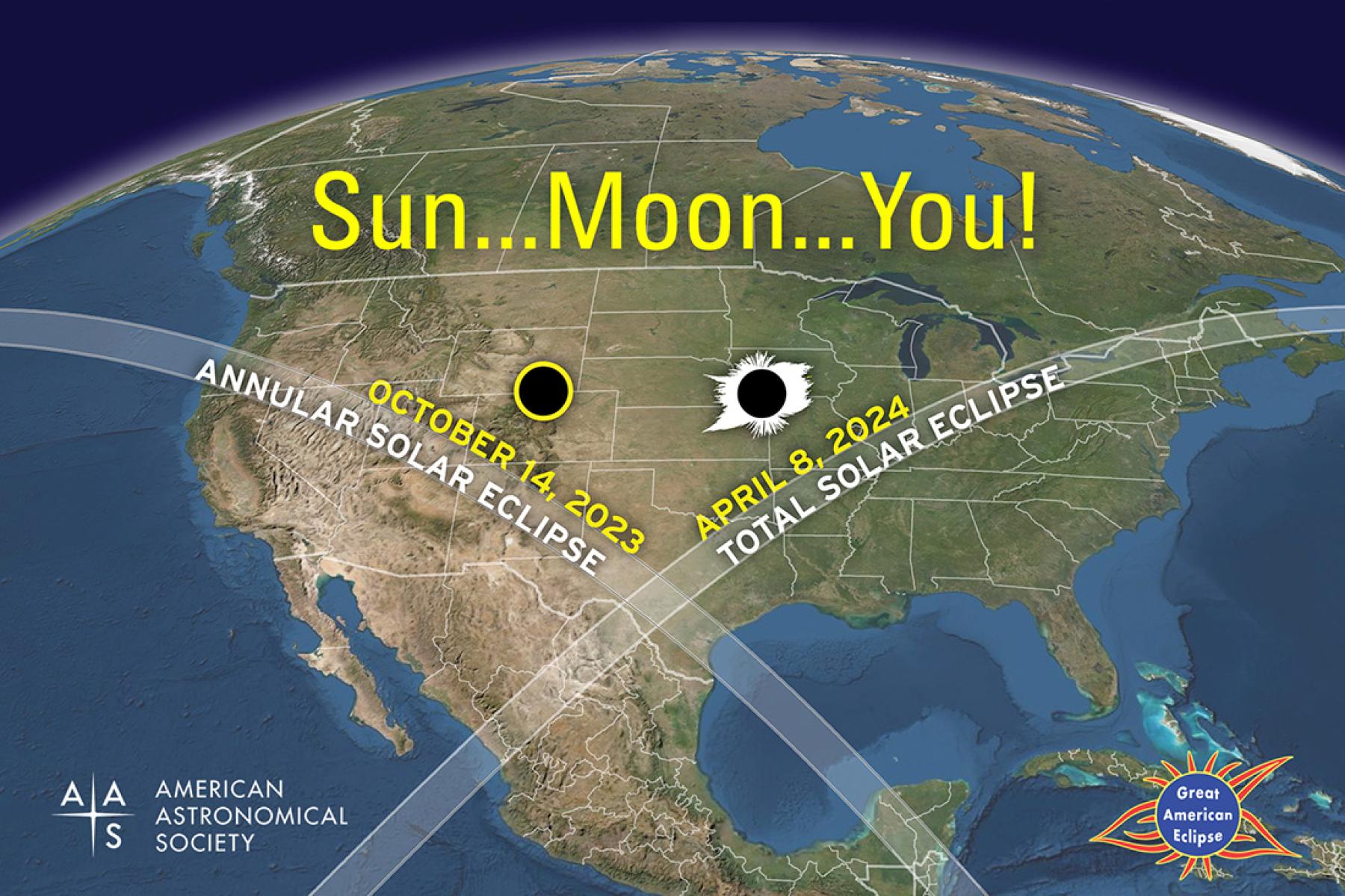 Solar Eclipse 2023-2024 showing the path of the 2023 and 2024 solar eclipses over a map of North America courtesy Michael Zeiler GreatAmericanEclipse dot com