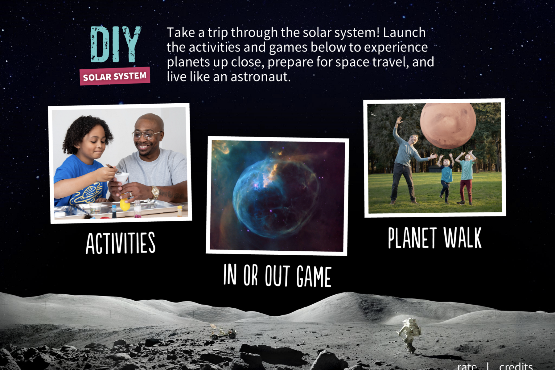 DIY Solar System app screenshot with hands-on activities, games, and a Planet Walk activity