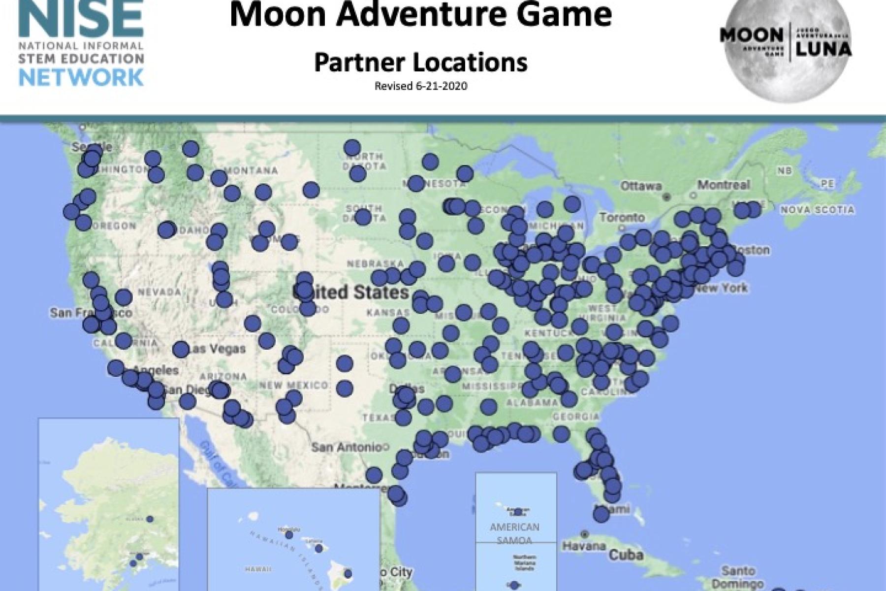 United States map of Moon Adventure Game locations distributed in 2020