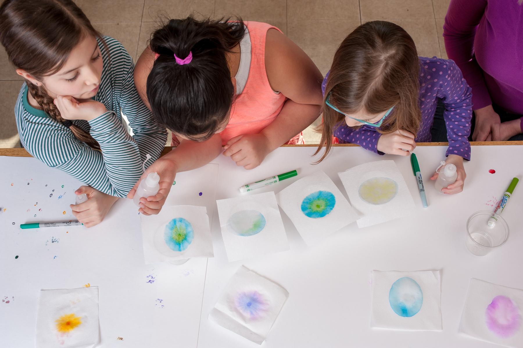 Group of learners examine color diffusion on various papers 