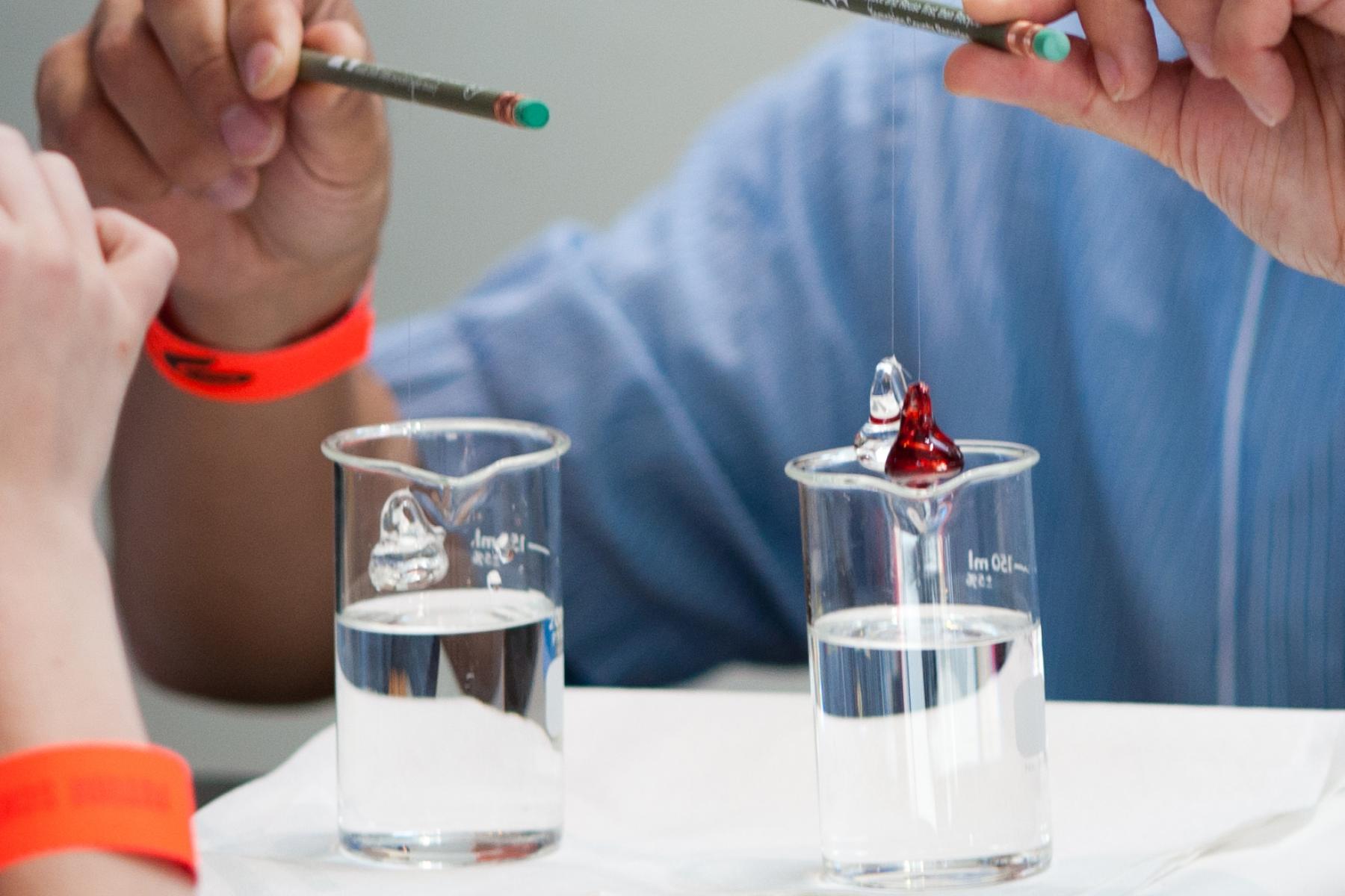 Hands holding glass objects on a string in a beaker of liquid