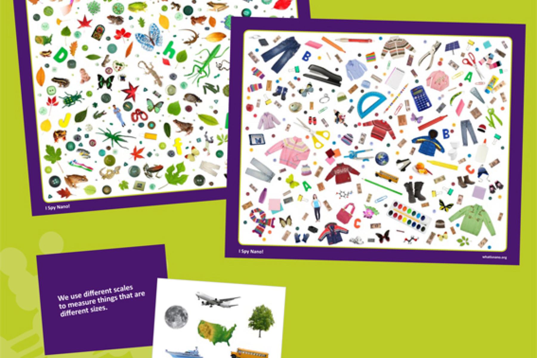 Photo of a large placemat with various items illustrated on the mat in a disorganized pattern 