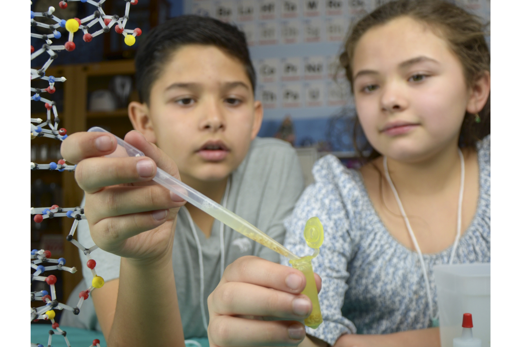 Two children extracting visible DNA from wheat germ in Building with Biology kit