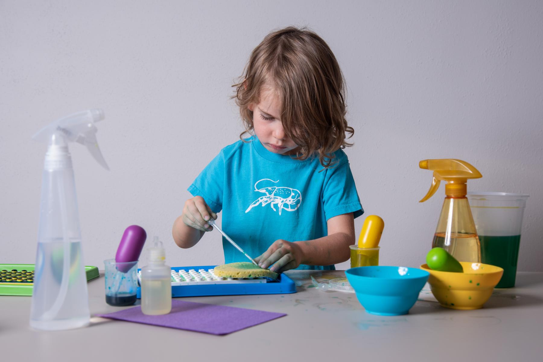 A young learner experiments soaking and squeezing colored water into a sponge