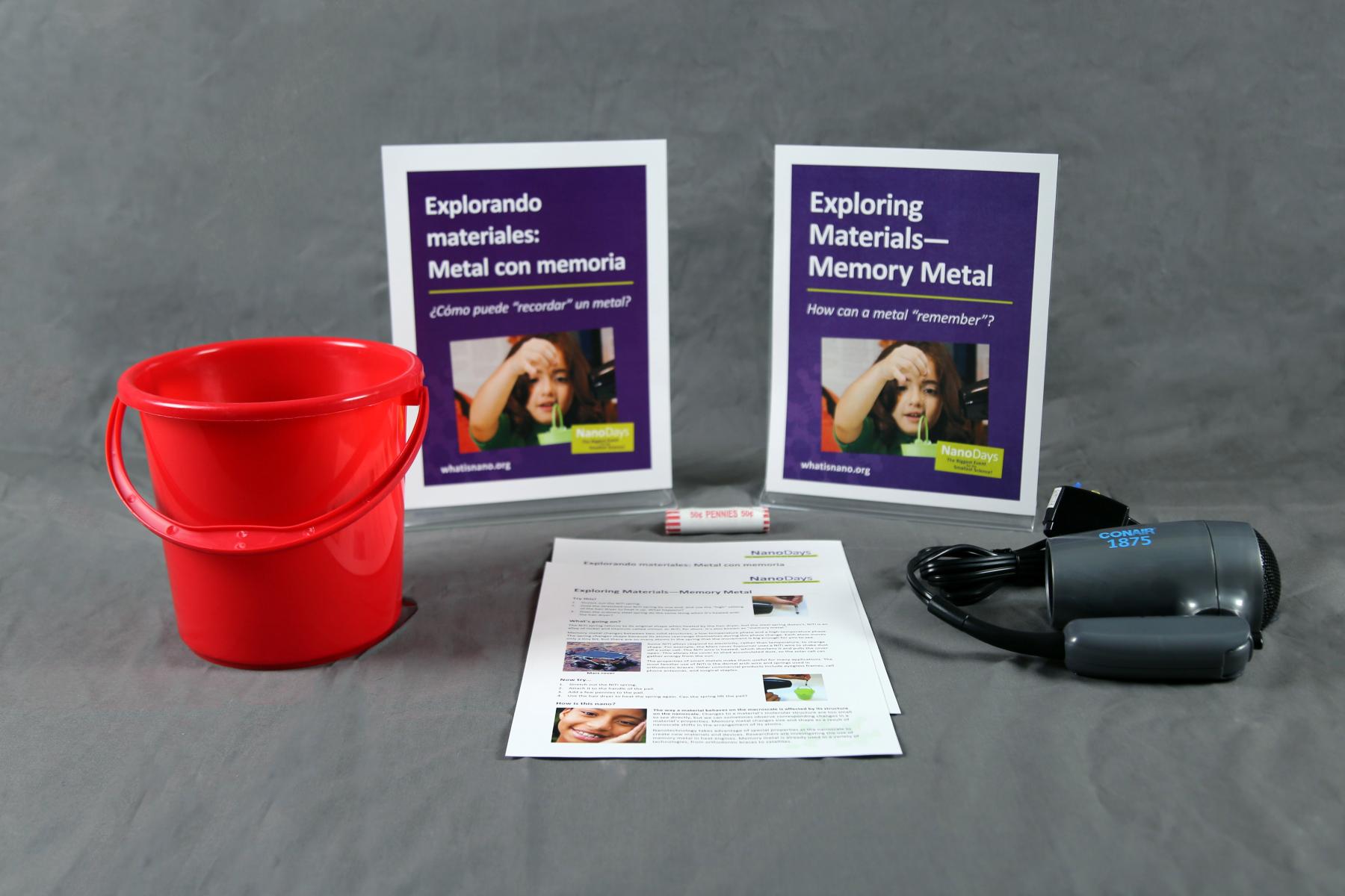 Memory Metal activity components including signs, guides, hair dryer, memory metal, and bucket.