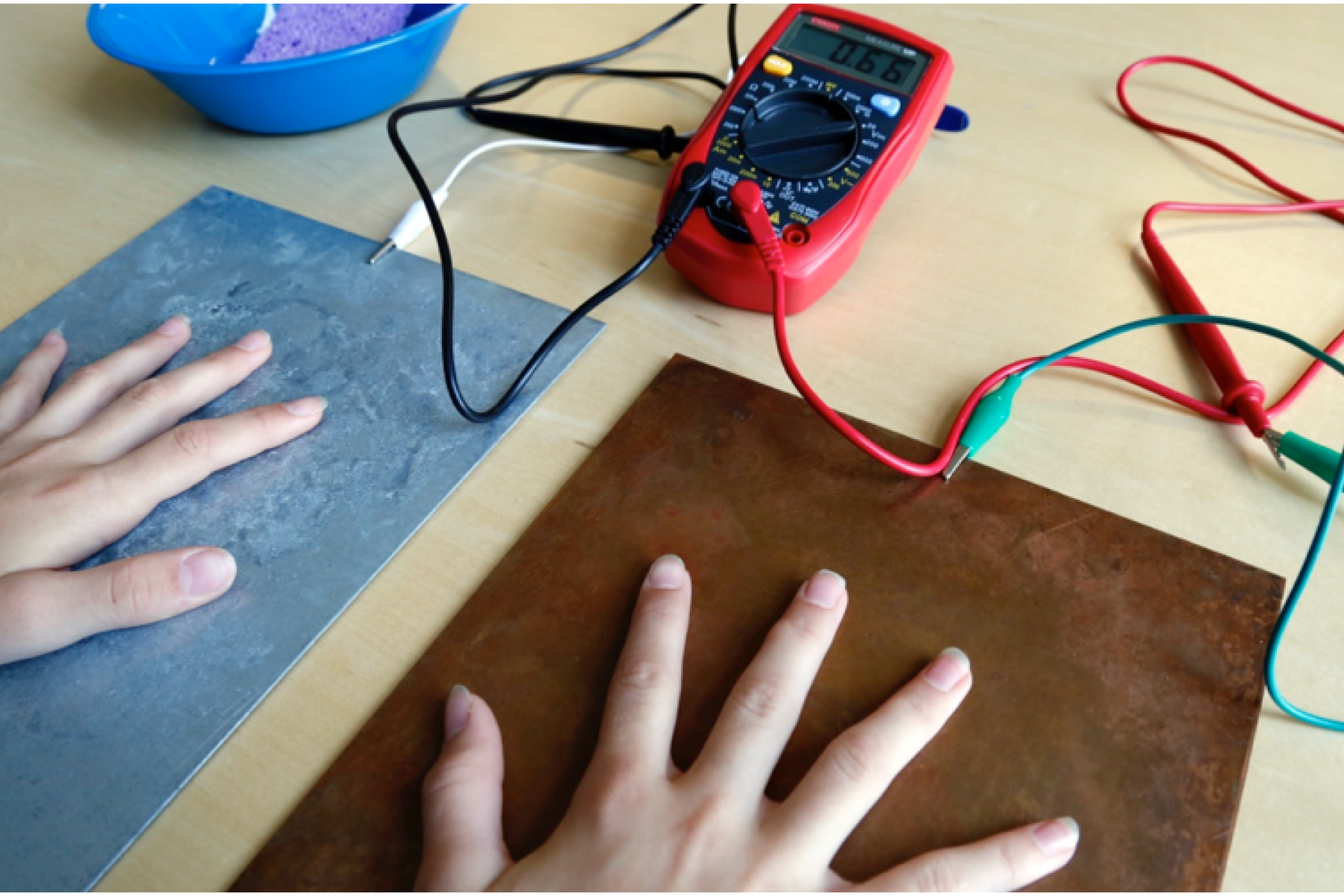 Participant's hands touching the steel and copper plates, connected to a multimeter
