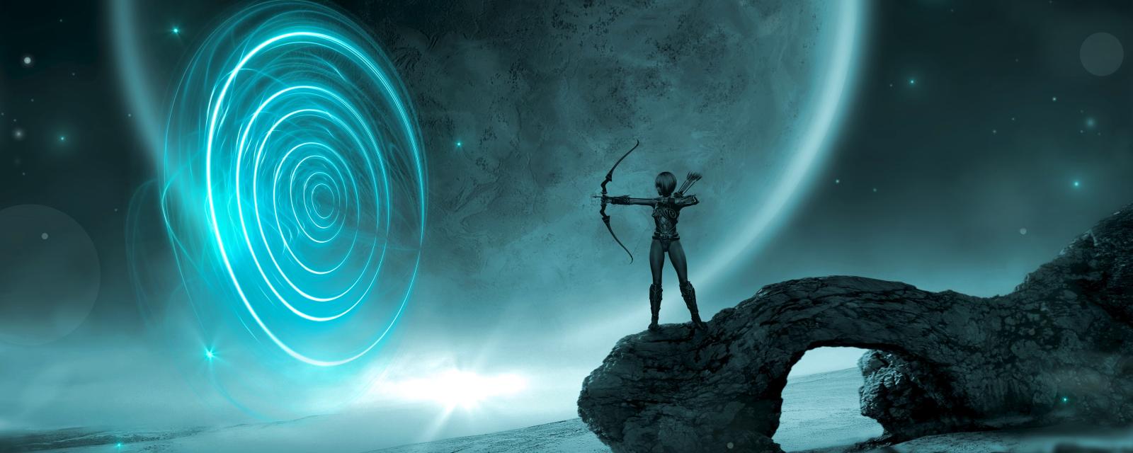 Science fiction art featuring archer figure on a rock shooting an arrow into space