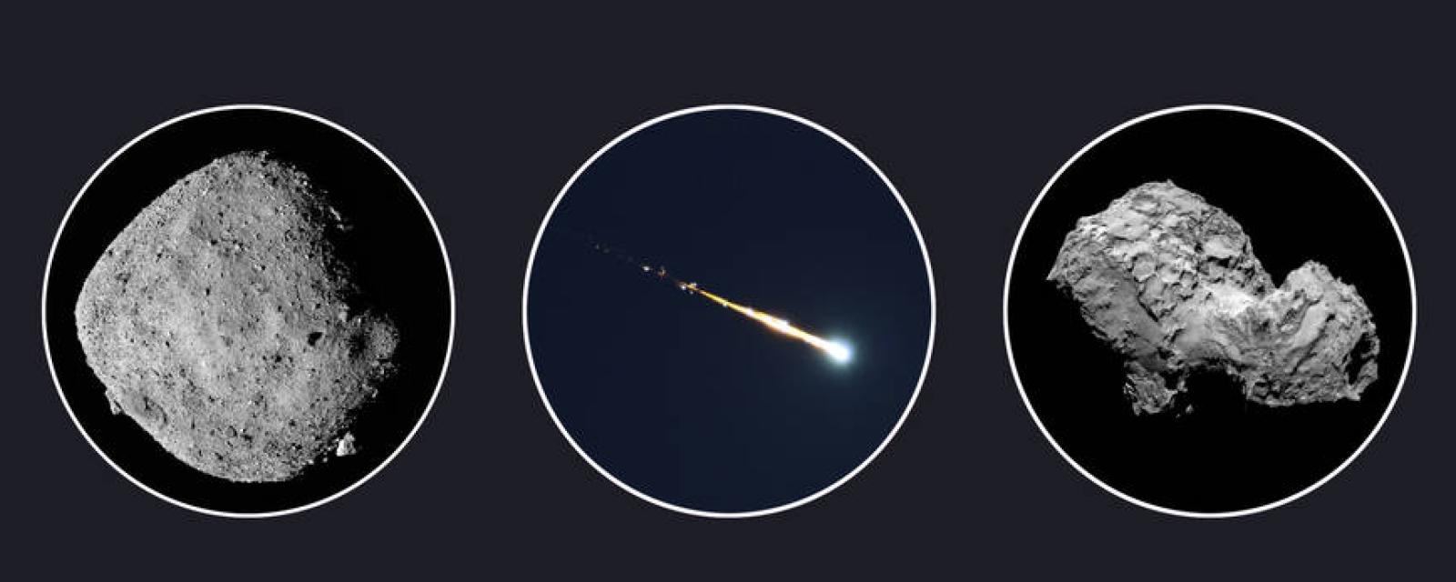 Left to right: Asteroid Bennu, Fireball Meteor over Groningen, and Comet 67P Credits: Bennu: NASA, Meteor: Robert Mikaelyan, Comet 67P: ESA
