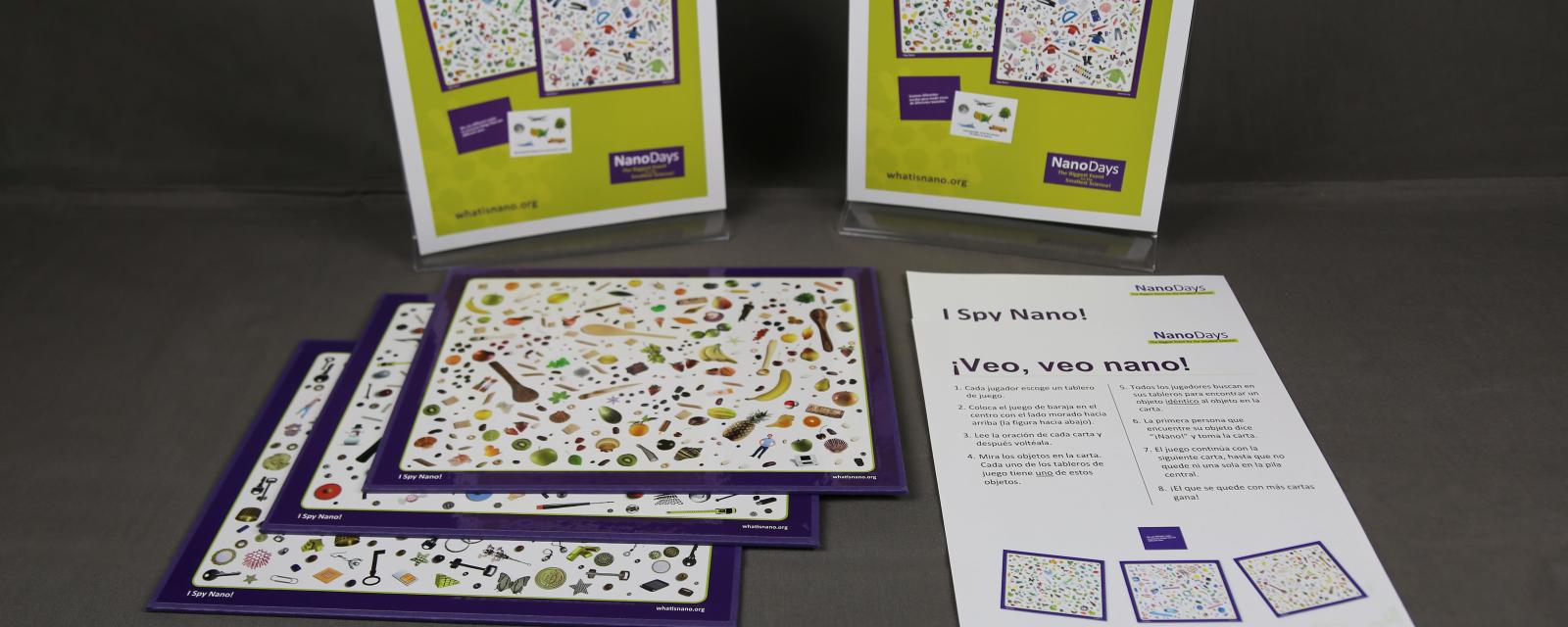 I Spy Nano! NanoDays activity components including game boards and cards