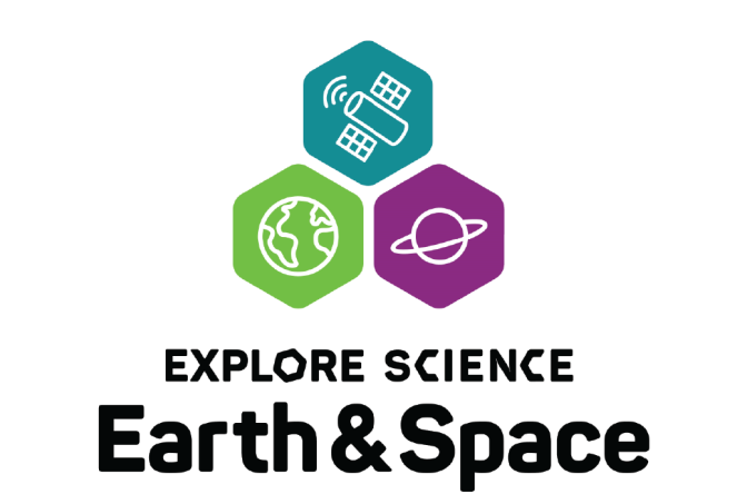 Explore Science Earth and Space logo showing icons for a planet, a spacecraft, and the Earth